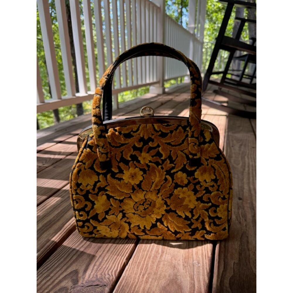Vintage 1960's Gold Floral Tapestry Cut Chenille Handbag